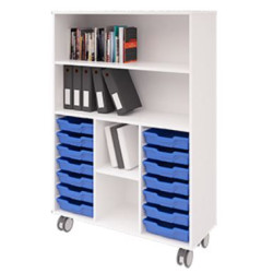 Biblio bois à roulettes L104xH150xP40cm 14 bacs + 2 étagères GRIS