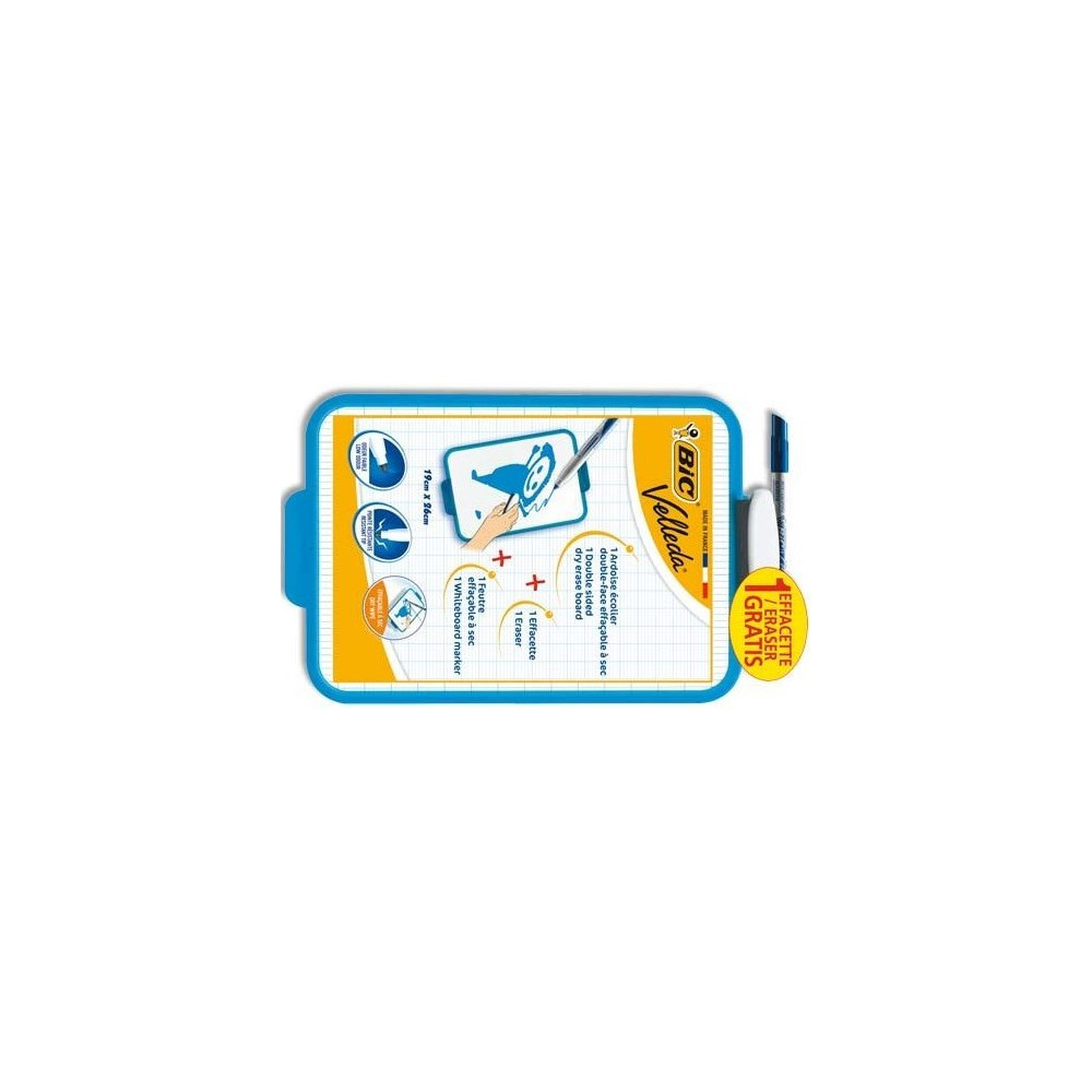 Ardoise blanche 19 x 26 cm VELLEDA +  Feutre BIC 1721 Fin Bleu //