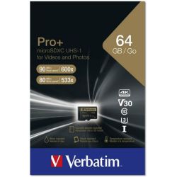 Carte mémoire MicroSDHC  64Go - 4K - VERBATIM + adaptateur