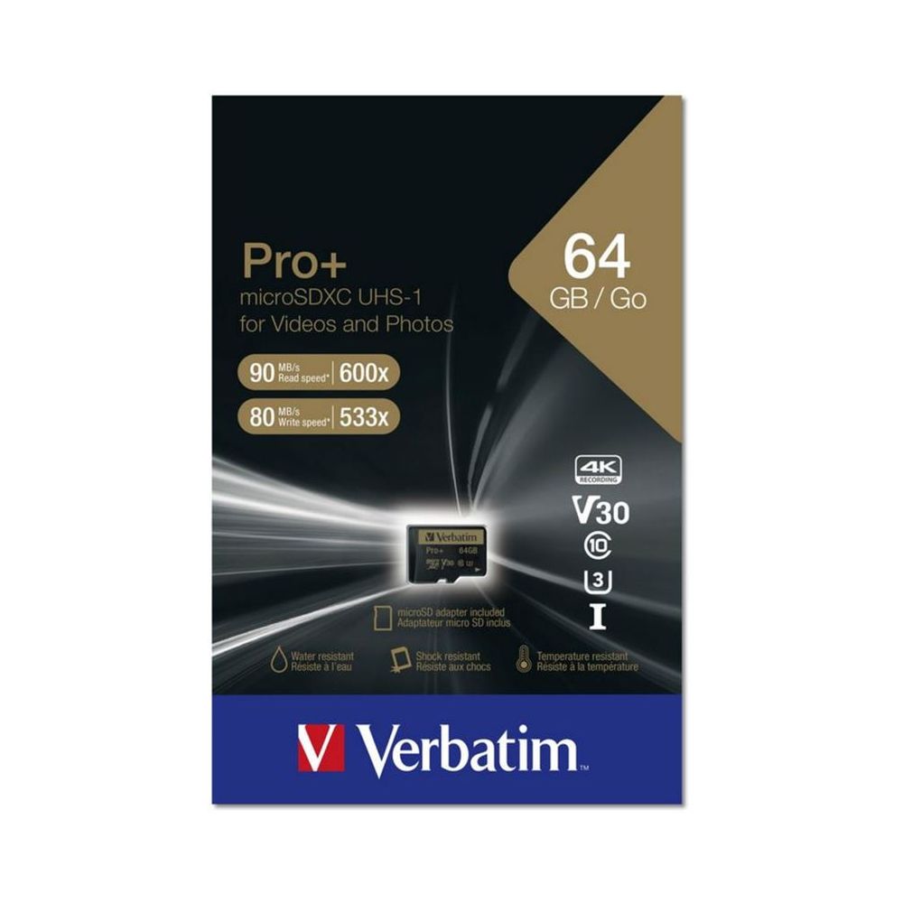 Carte mémoire MicroSDHC  64Go - 4K - VERBATIM + adaptateur