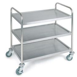 Chariot de service, 3 plateaux Inox + poignées + freins L91xl59xh93cm