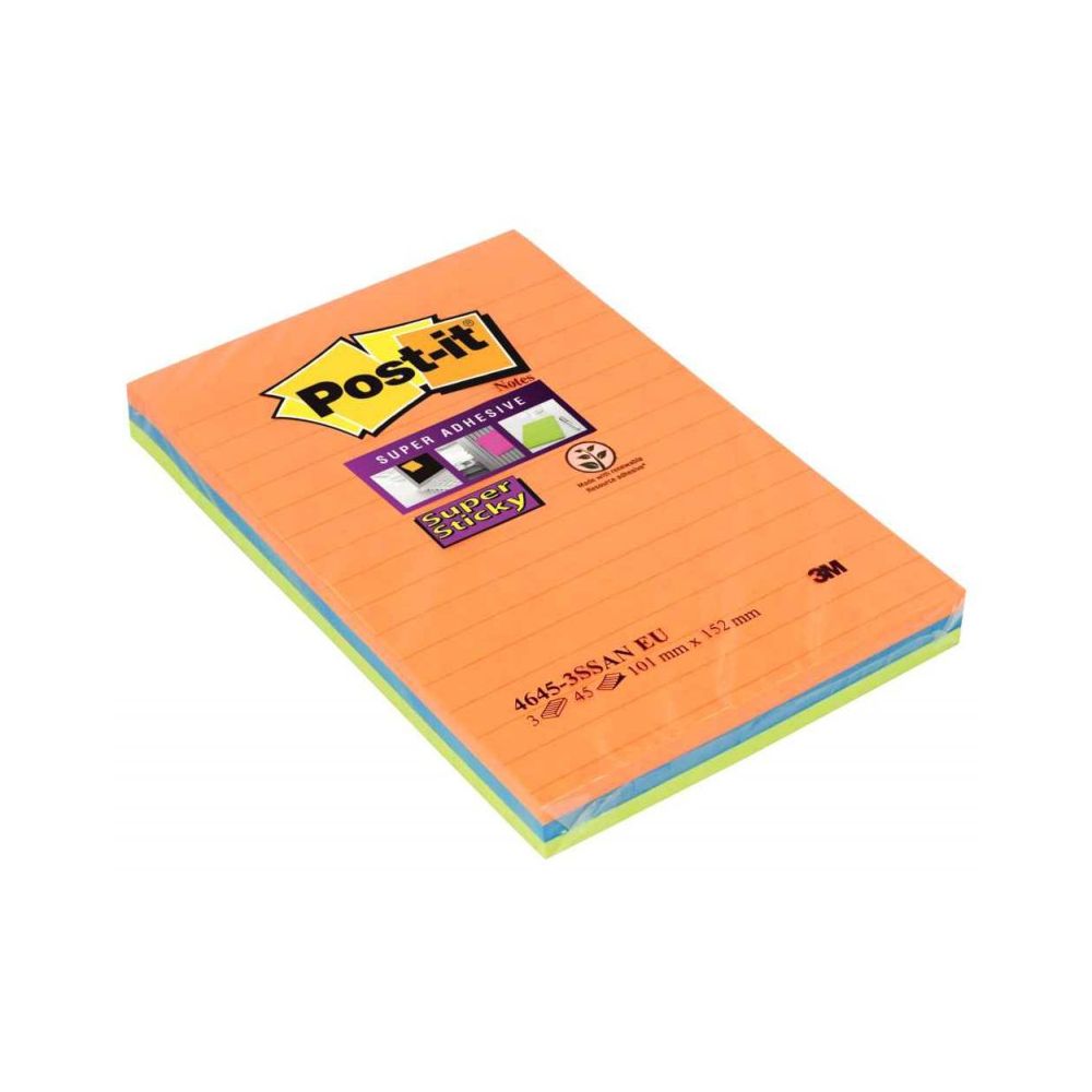 Bloc reposit. POST-IT Super Sticky 10 x 15cm - 3 x 45 f - 3 COULEURS