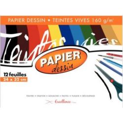 Papier dessin - 24x32cm - 160gr - 12 feuilles - Couleurs VIVES