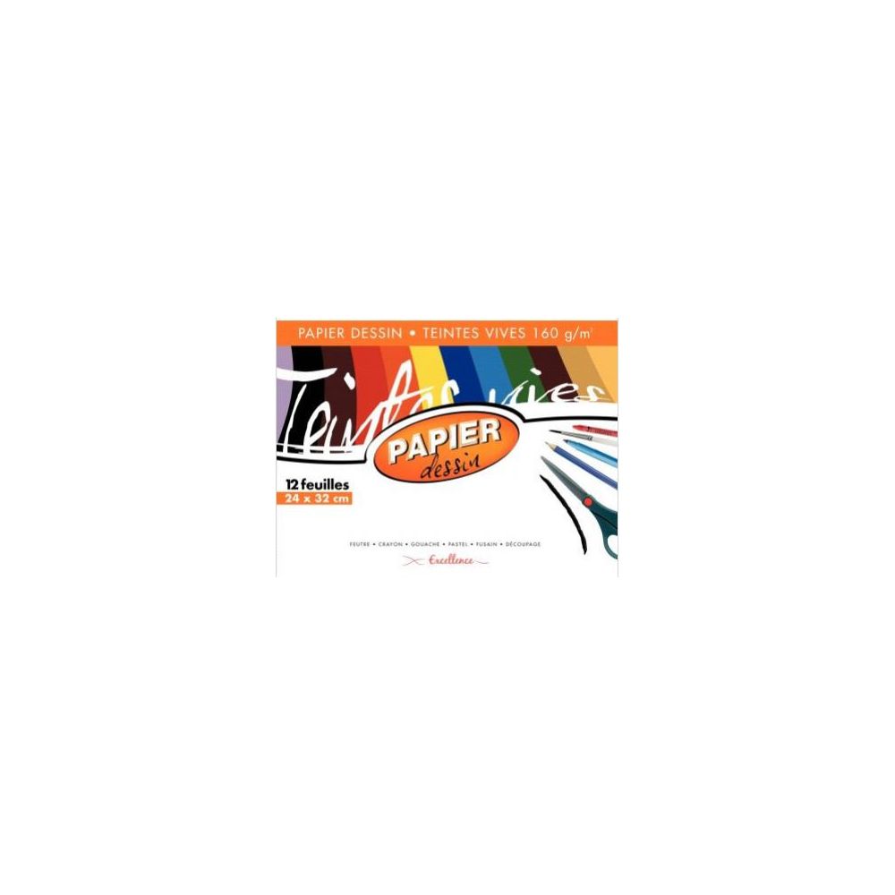 Papier dessin - 24x32cm - 160gr - 12 feuilles - Couleurs VIVES