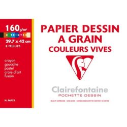 Papier dessin - A3 - 160gr - 8 feuilles Couleurs Vives CLAIREFONTAINE
