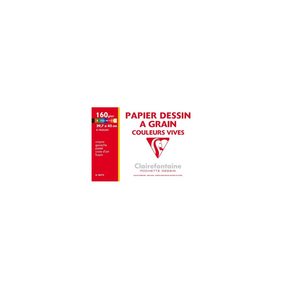 Papier dessin - A3 - 160gr - 8 feuilles Couleurs Vives CLAIREFONTAINE
