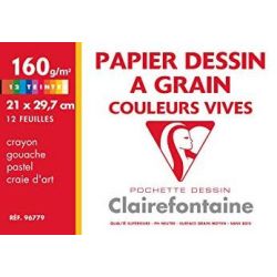 Papier dessin - A4 - 160gr - 12 feuilles Coul vives CLAIREFONT.