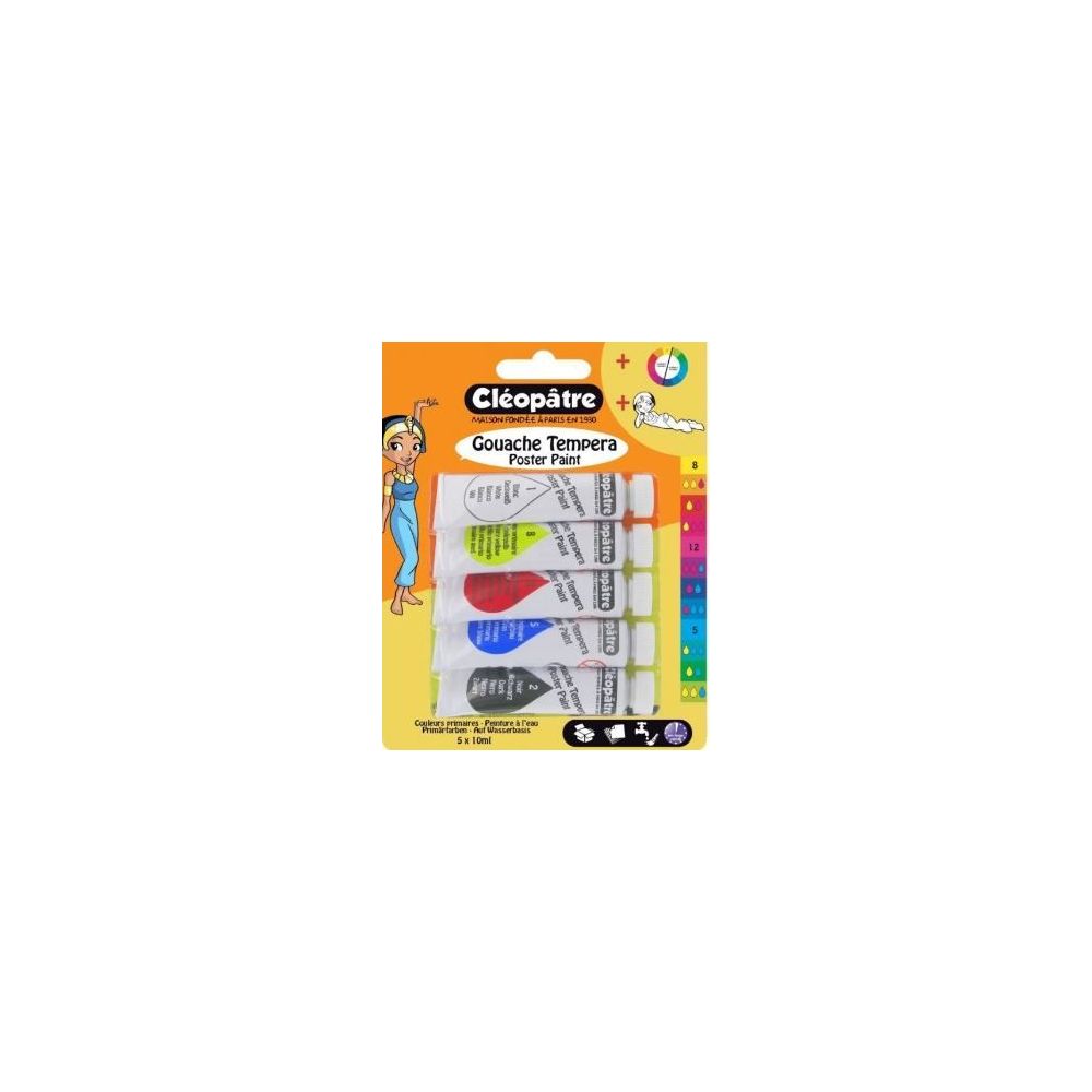 GouacheTube Alu CLEOPATRE 10 ml 5 coul (Blanc/Jaune/Mag./Cyan/Noir) 