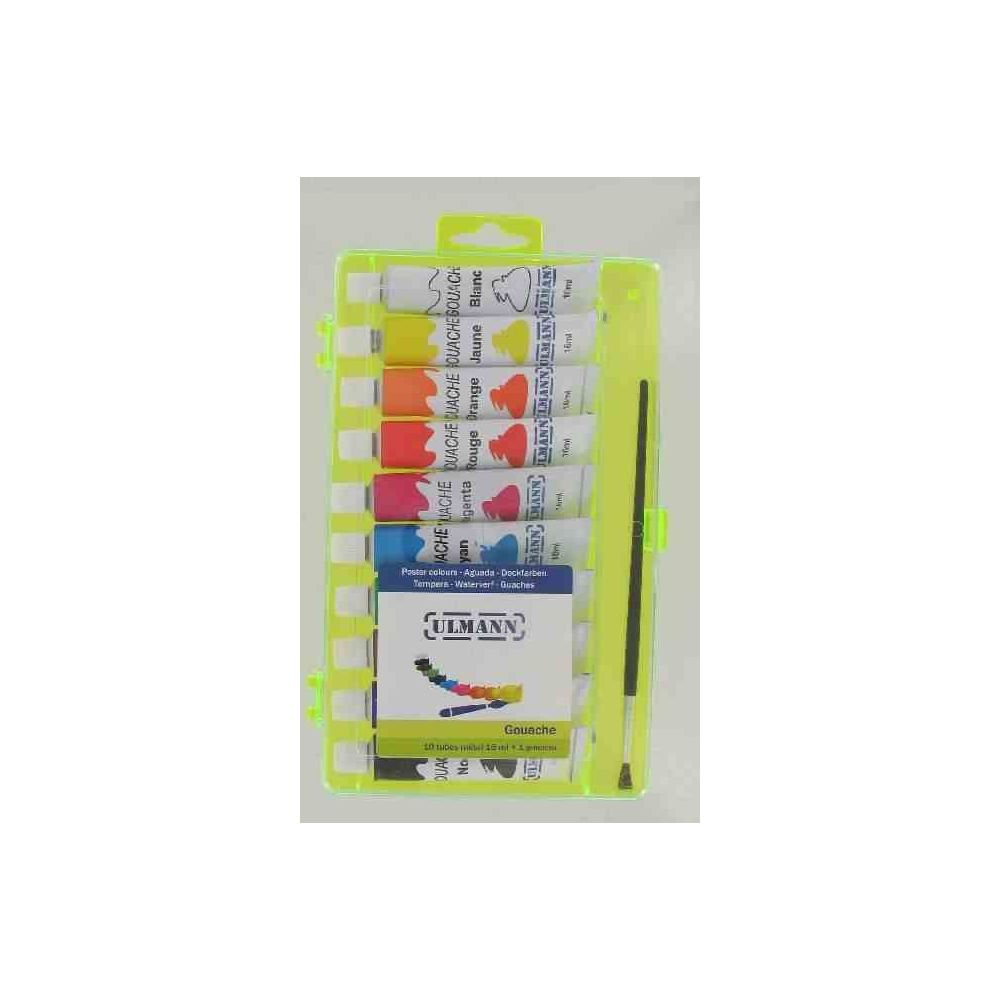 GouacheTube métal ULMANN 16ml - 10 couleurs + pinceau (Boîte)
