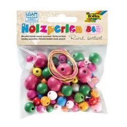 Perles de couleur en bois + 2 cordes (Sachet de 84 pièces)