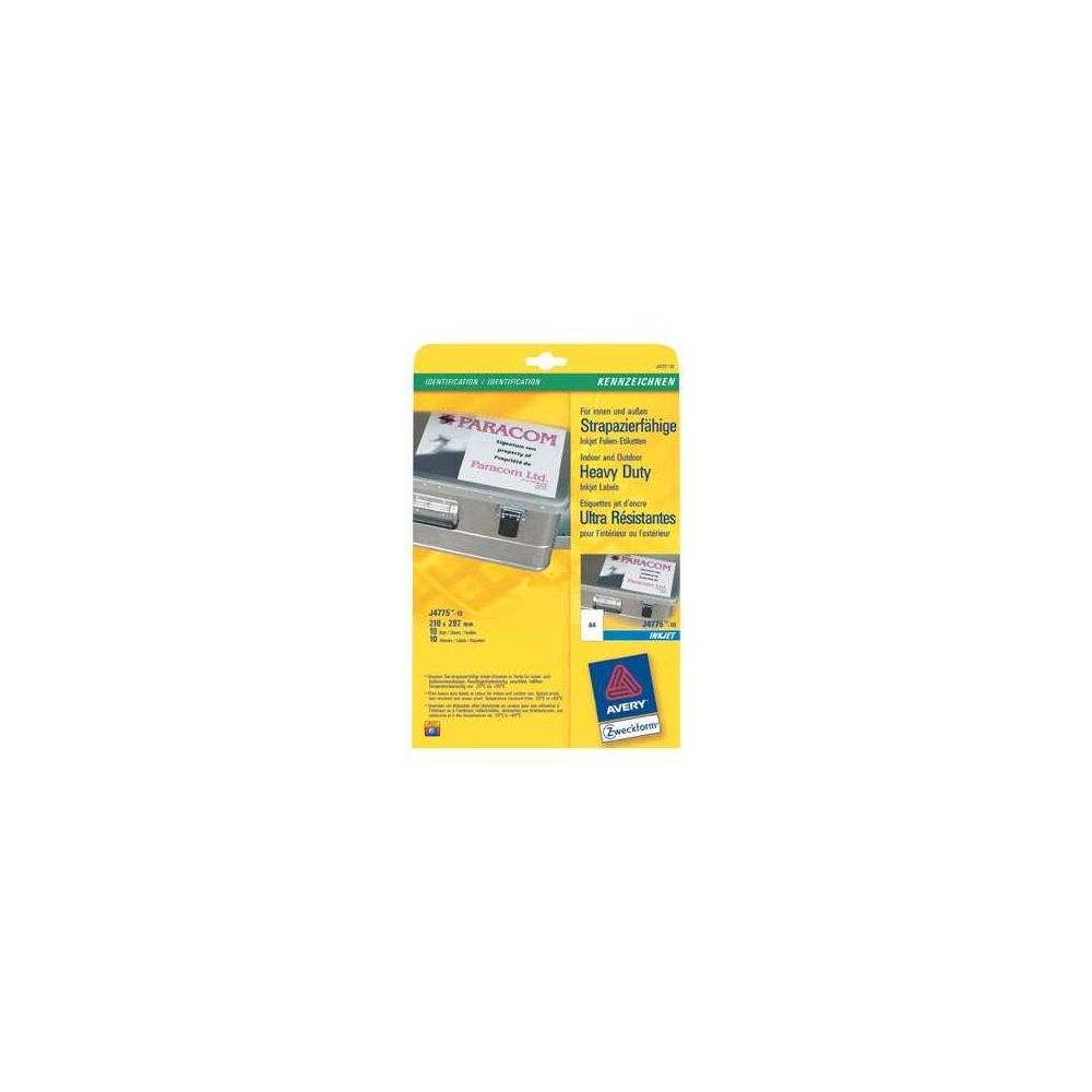 Etiquettes Polyester Jet d'enc. AVERY 210x297mm -A4  4 f. - 10 unités